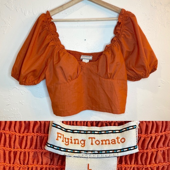 Flying Tomato Crop Top with Puff Sleeve Bright Red Orange - Picture 1 of 4